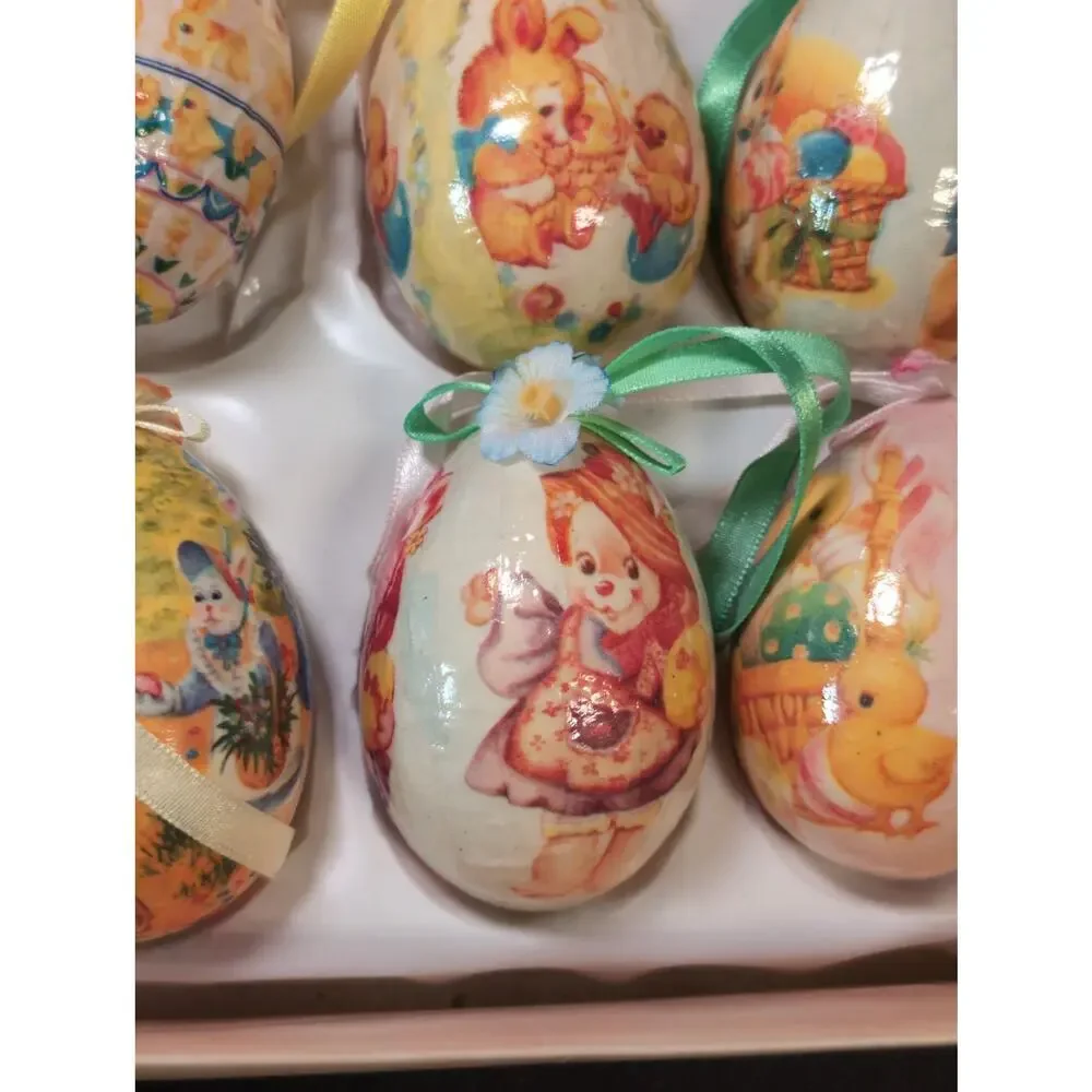 6 Vintage Easter Egg Paper Mache Decoupage Ornaments Bunny Chick Kitschy 3”